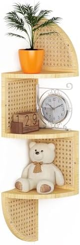 3-Tier Corner Wall Shelf - Rattan Floating Shelves for Bedroom Living Room and Bathroom