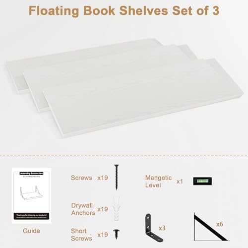 Fun Memories Floating Shelves Set of 3 White Wall-Mounted Bookshelves