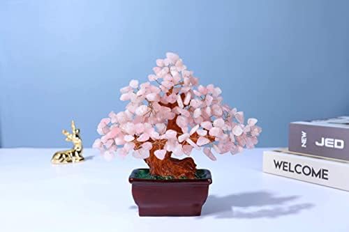 Jovivi Rose Quartz Crystal Heart Money Tree Healing Bonsai Set