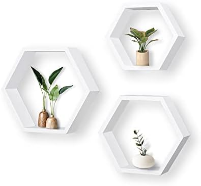 ROSE BLOOM Set of 3 White Wood Hexagon Shelves for Wall Decor
