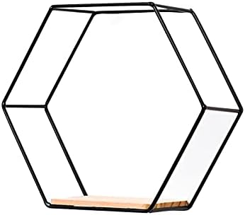 Hexagon Floating Wood Shelf with Iron Frame Black M1