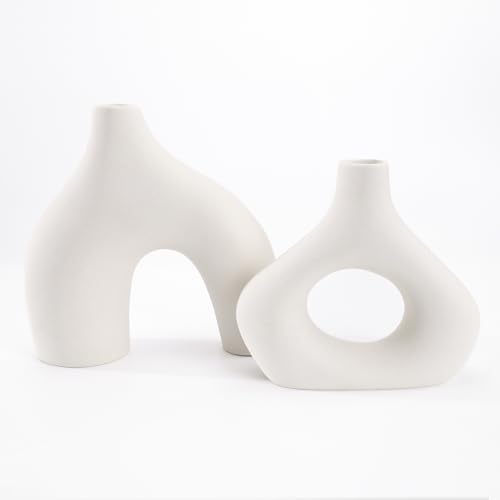 GarDream White Ceramic Vase Set of 2 Minimalist Donut Style