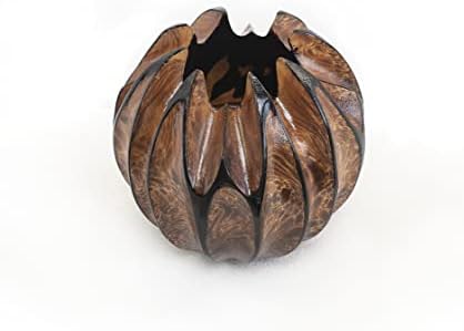Small Round Sculptured Wooden Vase for Dried Flowers and Decorative Grass Display