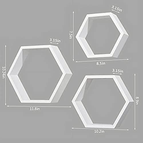 ROSE BLOOM Set of 3 White Wood Hexagon Shelves for Wall Decor