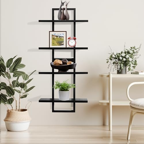 PHOENANCEE Floating Shelves Set of 2 Modern 2-Tier Black Oak Wall Display