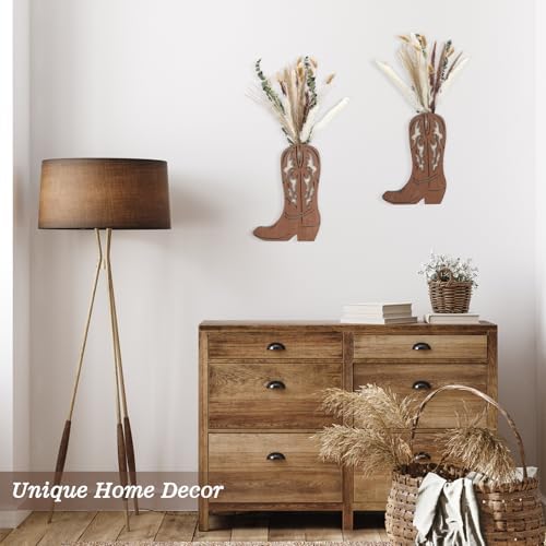 Chunful 2 Pcs Wood Cowboy Boot Vase with Dried Pampas Grass Flowers