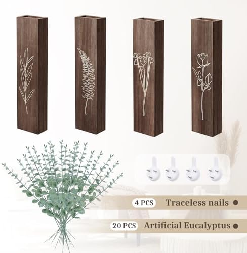 HOMIEE 4 Pack Wooden Wall Planters with Artificial Eucalyptus