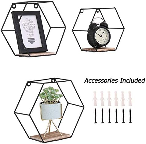 DRNCURN Hexagon Floating Shelves Wall Mounted Metal Set of 3 Honeycomb Dcor for Home