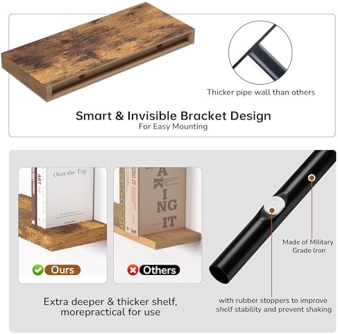 Fun Memories Floating Shelves - 2 Pack Rustic Brown Wall Shelves for Home Decor and Storage