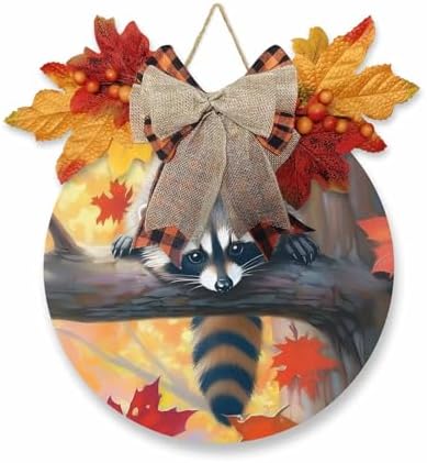 Welcome Sign Fall Thanksgiving Wreath Decor Raccoon Wood Round Door Sign