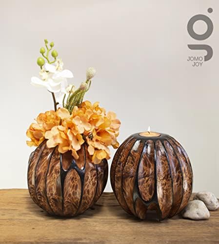 Small Round Sculptured Wooden Vase for Dried Flowers and Decorative Grass Display