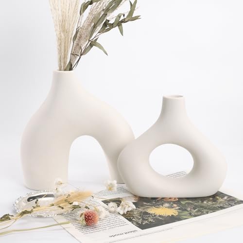 GarDream White Ceramic Vase Set of 2 Minimalist Donut Style