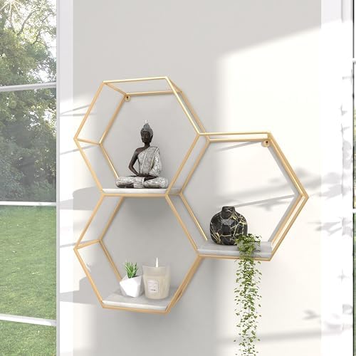 Deco 79 Gold Marble Hexagon Floating Shelf