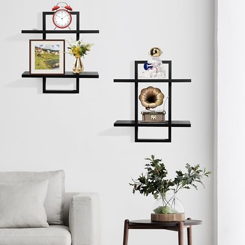 PHOENANCEE Floating Shelves Set of 2 Modern 2-Tier Black Oak Wall Display