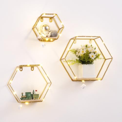 Ideal Swan Hexagon Floating Shelves with LED Lights - Gold
