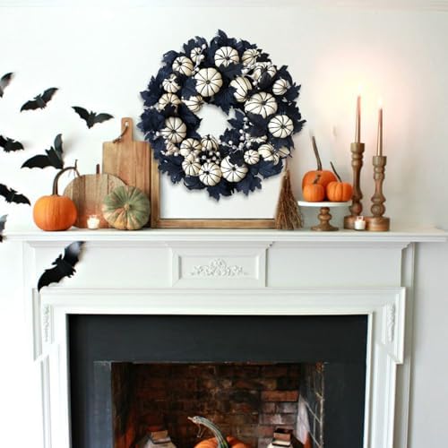 22 Inch Halloween Wreath with White Pumpkins and Black Maple Leaves