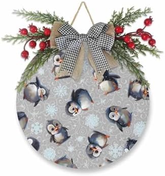 Cute Christmas Welcome Sign with Penguin Wreath Decor