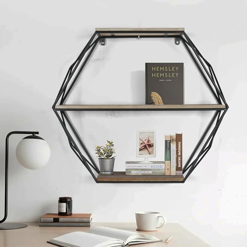Oakrain Black Floating Wall Shelf Hexagon Living Room Bedroom