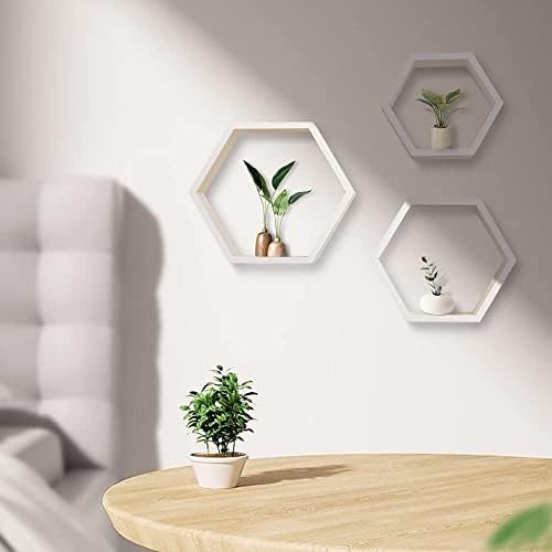 ROSE BLOOM Set of 3 White Wood Hexagon Shelves for Wall Decor