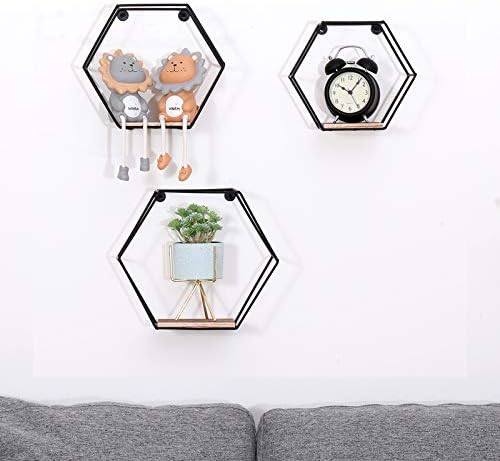 DRNCURN Hexagon Floating Shelves Wall Mounted Metal Set of 3 Honeycomb Dcor for Home