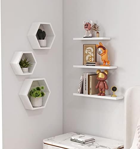 Wooden Hexagon Floating Shelves Set of 6 White Pine