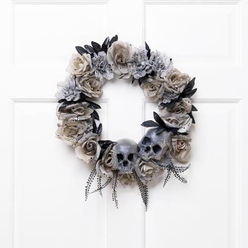 Northlight Double Skull and Roses Halloween Wreath 16 Unlit