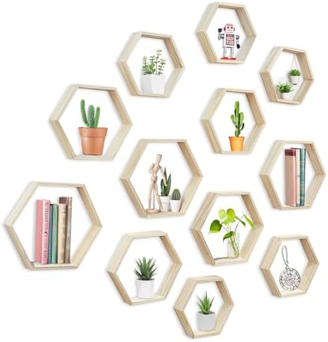 12 Pcs Wooden Hexagon Shelves 3 Sizes