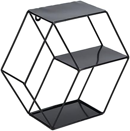 Hexagonal Floating Shelf Wall Decor with 2 Layers Black Metal