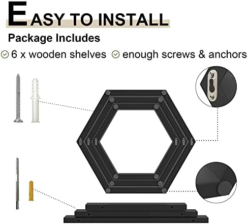 Ecowillon Hexagon Floating Shelves Set of 6 Black