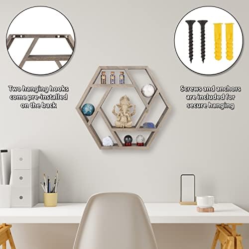 Venture Decor Crystal Display Shelf Hexagon Floating Wall Mount for Healing Stones and Chakra Decor