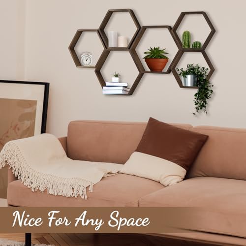 12 Pcs Wooden Hexagon Floating Shelves Brown