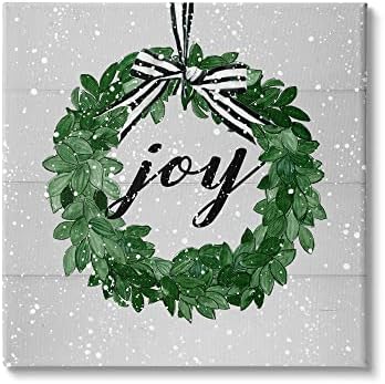 Stupell Industries Joy Sentiment Green Winter Leaf Wreath Canvas Wall Art