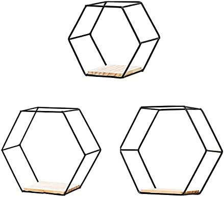PerGar Hexagon Floating Shelves Set of 3 Black Modern Metal Wall Shelf