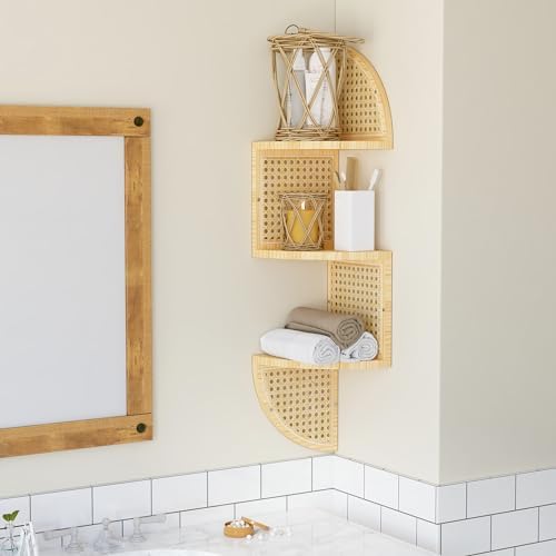 3-Tier Corner Wall Shelf - Rattan Floating Shelves for Bedroom Living Room and Bathroom