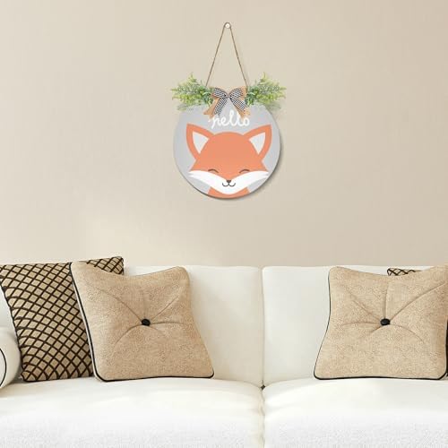 Cute Fox Door Wreath with Hello Welcome Sign for Front Porch Decorations