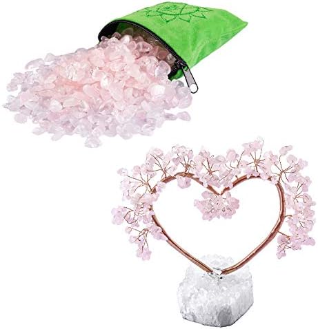 Mookaitedecor Bundle - 2 Items Rose Quartz Tumbled Stones with Chakra Bag Love Heart Crystal Tree