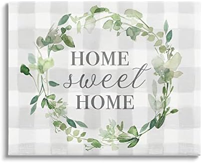 Stupell Industries Sweet Home Leaf Wreath Geometric Plaid Pattern Grey