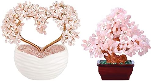 Jovivi Rose Quartz Crystal Heart Money Tree Healing Bonsai Set