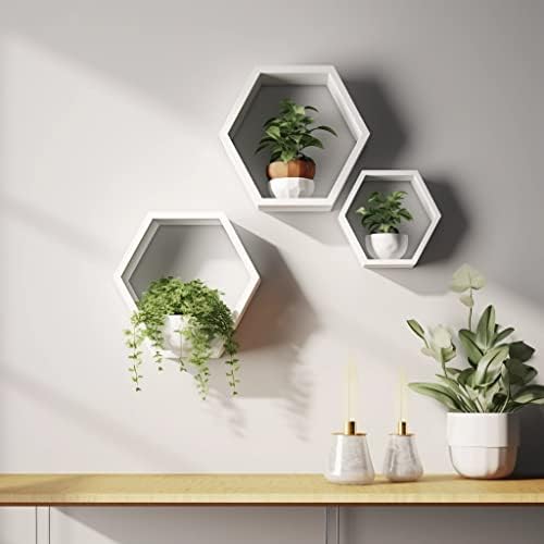 ROSE BLOOM Set of 3 White Wood Hexagon Shelves for Wall Decor