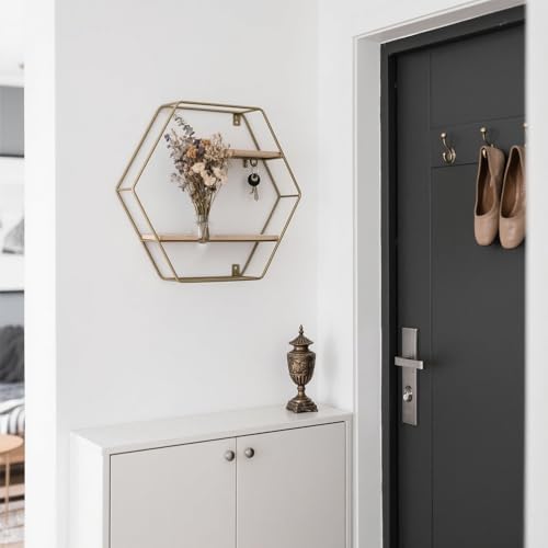 3 Piece Gold Hexagon Floating Shelves Set