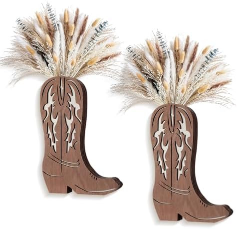 Chunful 2 Pcs Wood Cowboy Boot Vase with Dried Pampas Grass Flowers