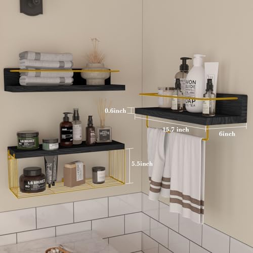 PopiShelves Floating Wall Shelves with Basket Set of 3 Black and Gold