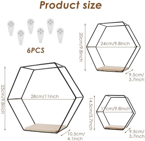 3PCS Hexagon Floating Shelves Black Wall Mount