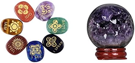 7 Piece Chakra Stones Bundle with Amethyst Geode Crystal Ball and Wooden Stand for Home Decor