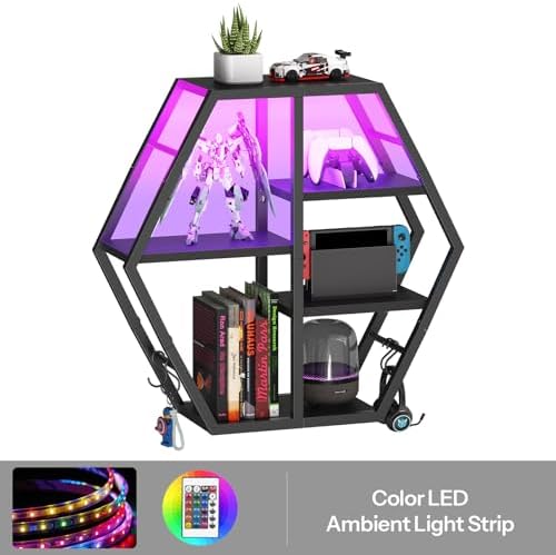 HOOBRO Gaming Floating Shelf with LED Lights Hexagonal Wall Mount Black BB76DBJ01