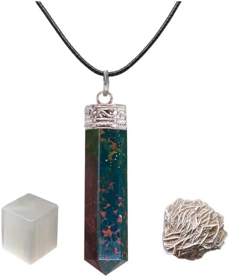 Natural Green Bloodstone 6-Sided Point Pendant with Selenite Cube and Rose Desert Selenite