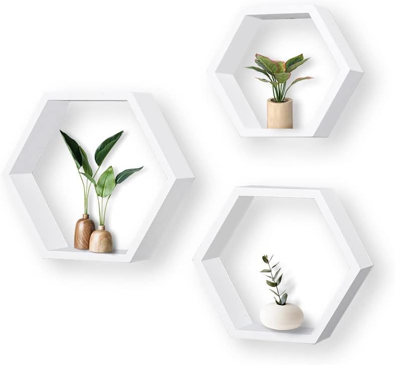 ROSE BLOOM Set of 3 White Wood Hexagon Shelves for Wall Decor