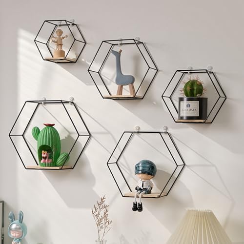 SOONHUA 5pcs Hexagon Wall Shelves Set