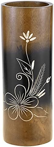 AeraVida Plumeria Flower Brown Cylindrical Wood Vase Set