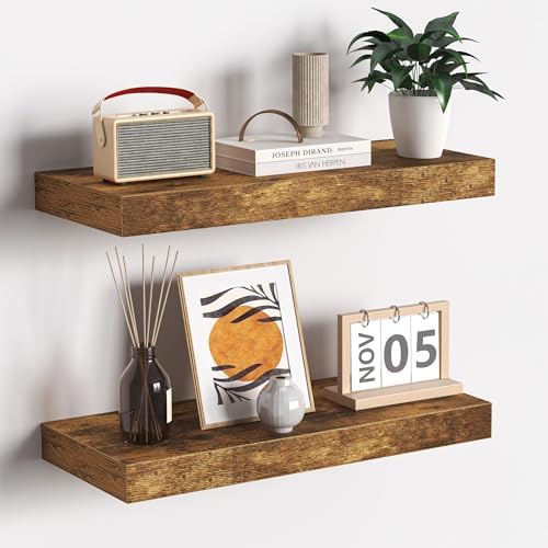 Fun Memories Floating Shelves - 2 Pack Rustic Brown Wall Shelves for Home Decor and Storage